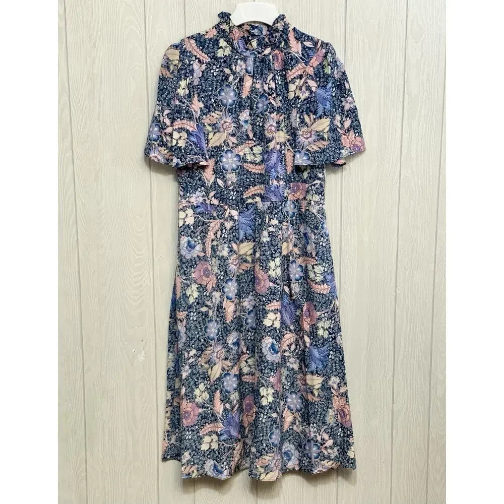 Julia Jordan Blue Floral Ruffle Neck Midi Dress Size 12 - Picture 2 of 8